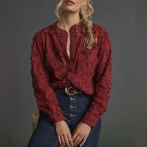 Pilcro by Anthropologie Whitney Trapeze Button Down Deep Red Embroidered Blouse